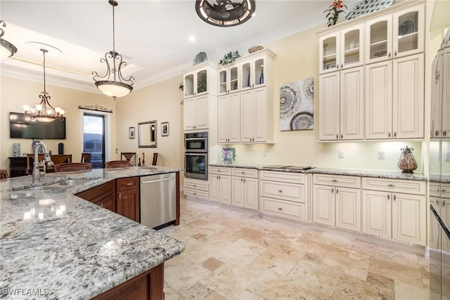 kitchen with stainless steel appliances, decorative light fixtures, light stone countertops, ornamental molding, and sink