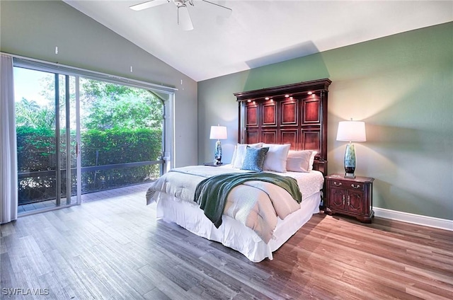 bedroom featuring vaulted ceiling, access to outside, light hardwood / wood-style flooring, and ceiling fan