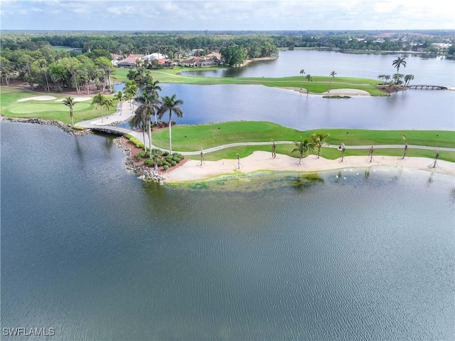 drone / aerial view featuring a water view