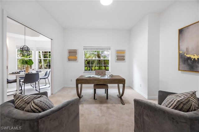 office space featuring light carpet, a wealth of natural light, and a baseboard heating unit