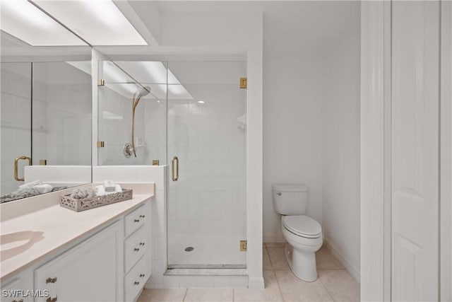 bathroom with tile patterned flooring, vanity, toilet, and walk in shower