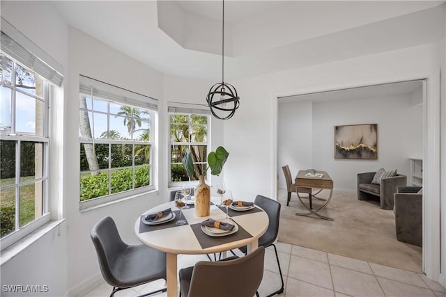 carpeted dining space featuring a healthy amount of sunlight and a tray ceiling