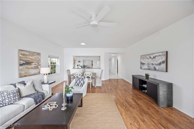 living room featuring ceiling fan and hardwood / wood-style floors