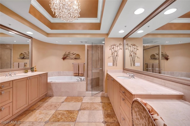 bathroom featuring crown molding, vanity, and plus walk in shower