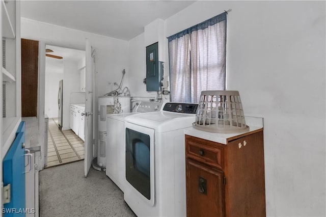 clothes washing area featuring washer and dryer, electric water heater, electric panel, and ceiling fan