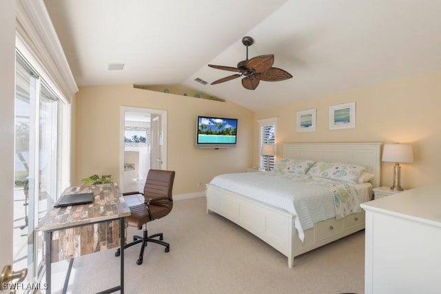 bedroom with ceiling fan, light colored carpet, lofted ceiling, and access to outside