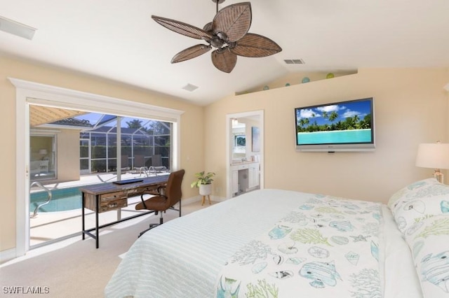 bedroom featuring connected bathroom, access to exterior, ceiling fan, vaulted ceiling, and carpet