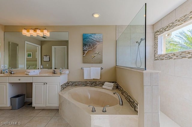 bathroom with vanity, tile patterned floors, and independent shower and bath