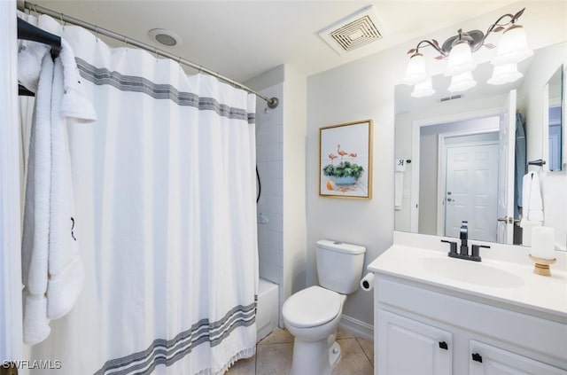 bathroom with tile patterned flooring, toilet, vanity, visible vents, and shower / bathtub combination with curtain