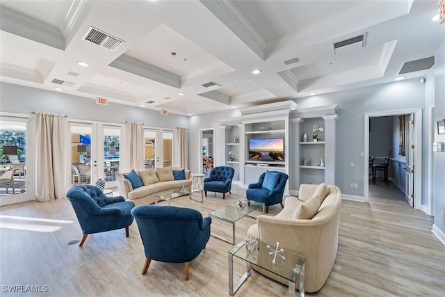 living room featuring french doors, visible vents, crown molding, and light wood-style flooring