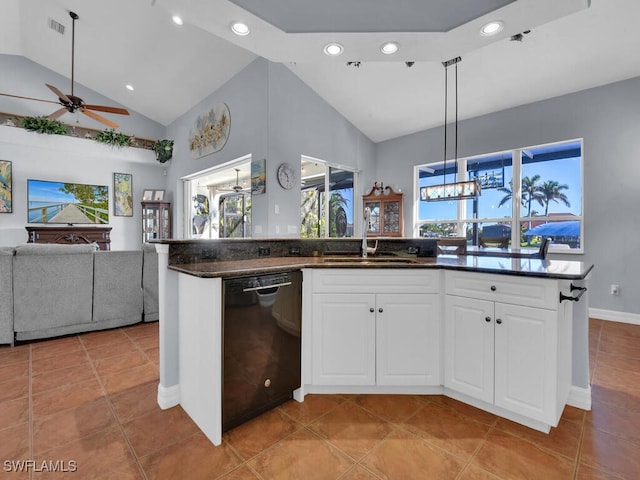 kitchen with dishwasher, white cabinets, sink, ceiling fan, and decorative light fixtures