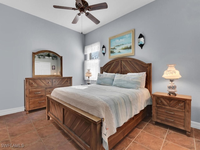 bedroom featuring ceiling fan and dark tile patterned floors