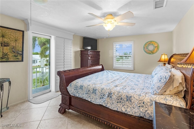 bedroom with access to outside, ceiling fan, and light tile patterned flooring