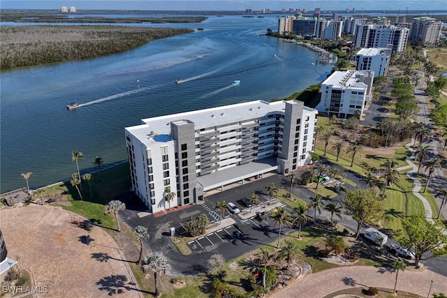 bird's eye view with a water view