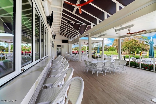 wooden terrace with ceiling fan