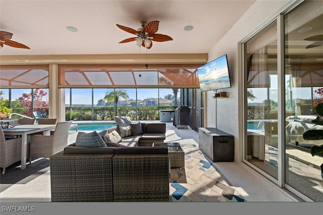 3259 Hampton Blvd, Alva, FL 33920 - view of patio featuring a ceiling fan, an outdoor hangout area, an outdoor pool, and a lanai