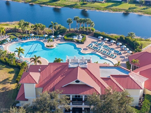 drone / aerial view featuring a water view