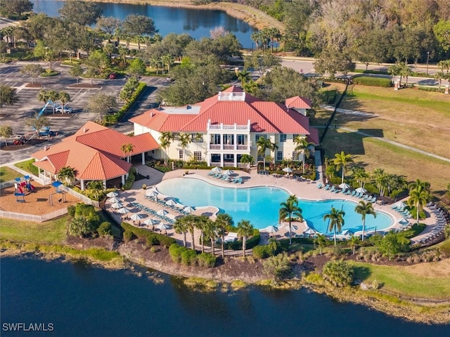 drone / aerial view featuring a water view