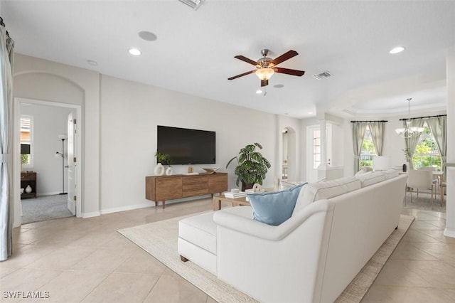 3259 Hampton Blvd, Alva, FL 33920 - living room featuring light tile patterned flooring, a chandelier, recessed lighting, and ceiling fan