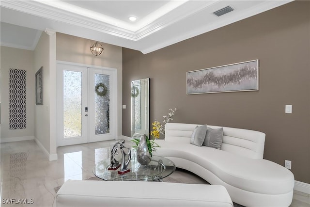 living room with french doors and ornamental molding