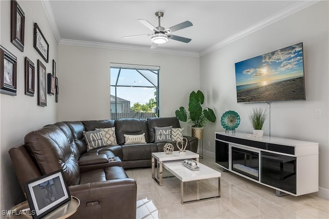 living room with ceiling fan and crown molding