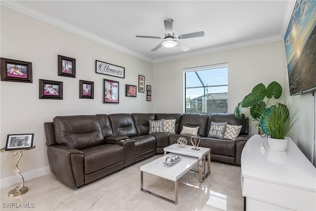 living room featuring ceiling fan and crown molding