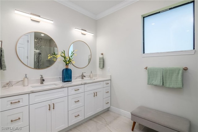 bathroom featuring a shower with door, vanity, and ornamental molding