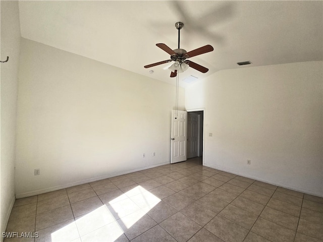 unfurnished room featuring light tile patterned floors, ceiling fan, and lofted ceiling