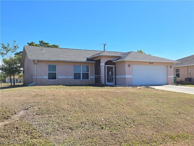 ranch-style home with a front lawn, central AC unit, and a garage