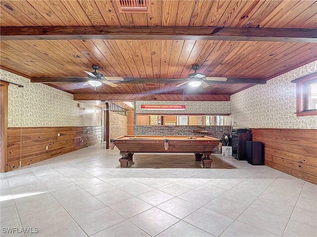 playroom featuring beam ceiling, wooden ceiling, wooden walls, and pool table