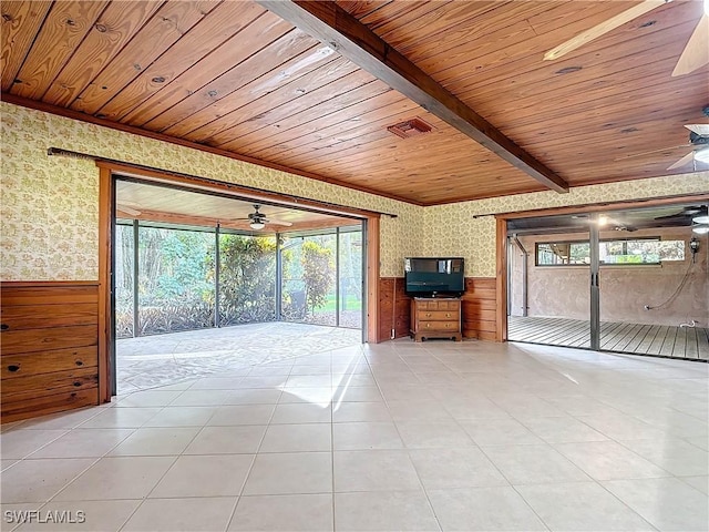 unfurnished living room featuring beamed ceiling, plenty of natural light, wood ceiling, and wooden walls