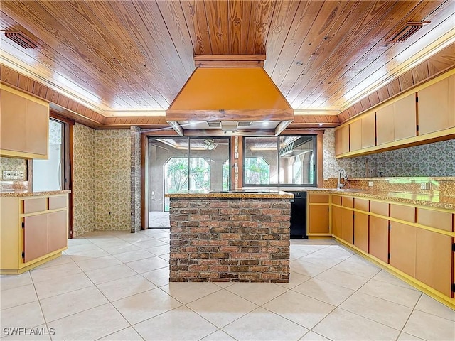 kitchen featuring custom exhaust hood, wooden ceiling, sink, light tile patterned floors, and tasteful backsplash