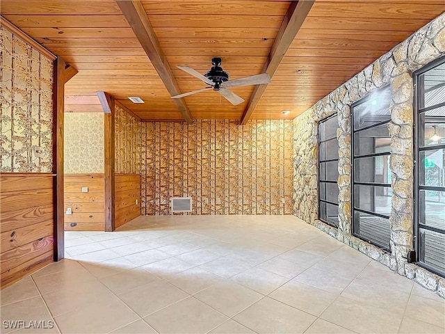 tiled empty room with beamed ceiling, wooden ceiling, and wood walls