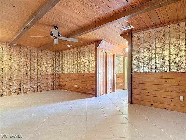 bonus room featuring beamed ceiling, light tile patterned floors, wooden ceiling, and wood walls