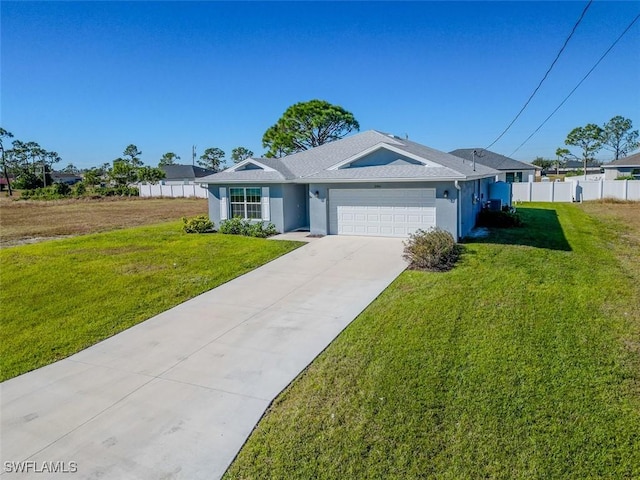 ranch-style home with a garage and a front lawn