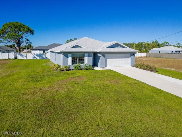 single story home with a garage and a front yard