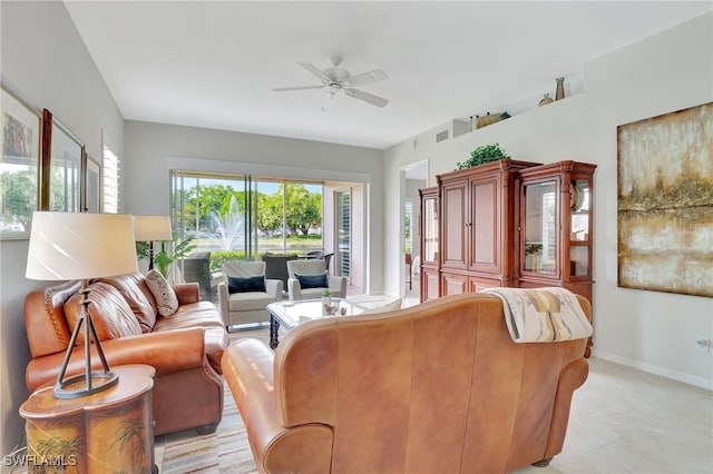 living room featuring ceiling fan