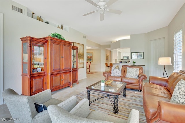 living room with ceiling fan