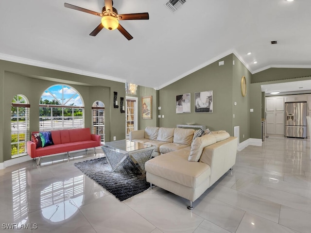 living room with ceiling fan, crown molding, and vaulted ceiling