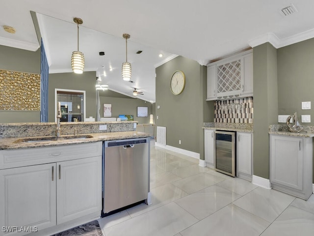 kitchen featuring dishwasher, sink, wine cooler, vaulted ceiling, and white cabinets