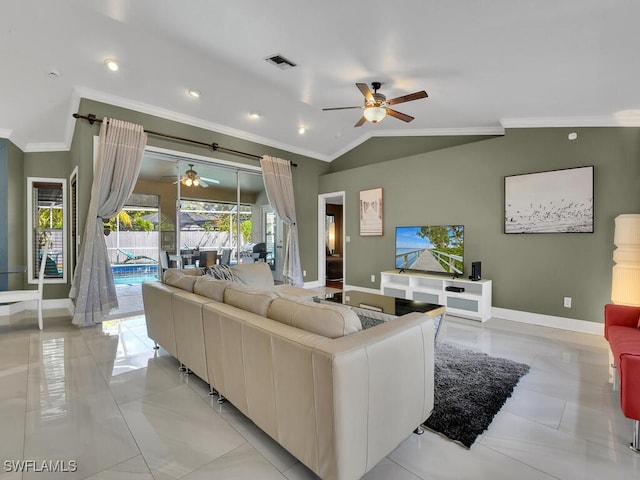 living room featuring ornamental molding, ceiling fan, and lofted ceiling