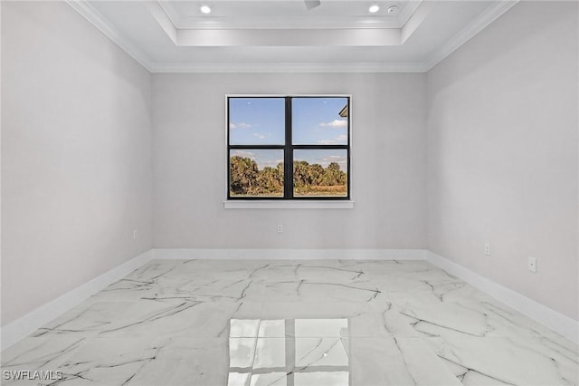 spare room featuring crown molding and a tray ceiling