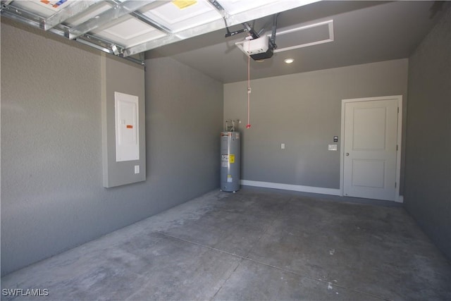 garage featuring electric panel, a garage door opener, and water heater