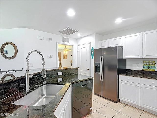 kitchen featuring dishwasher, white cabinets, stainless steel refrigerator with ice dispenser, and sink