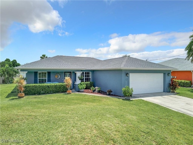 ranch-style home featuring a garage and a front yard