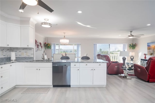 kitchen featuring white cabinets, stainless steel dishwasher, and plenty of natural light