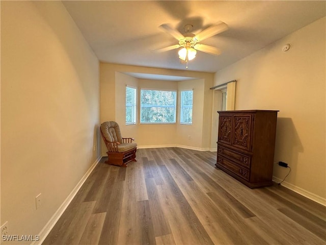 unfurnished room featuring ceiling fan and dark wood-type flooring