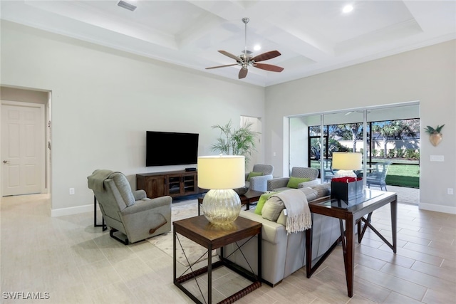 living room featuring ceiling fan, beam ceiling, and coffered ceiling