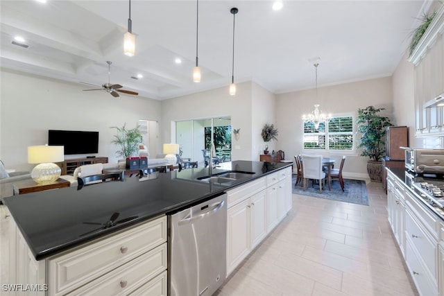 kitchen with coffered ceiling, a sink, open floor plan, stainless steel appliances, and dark countertops