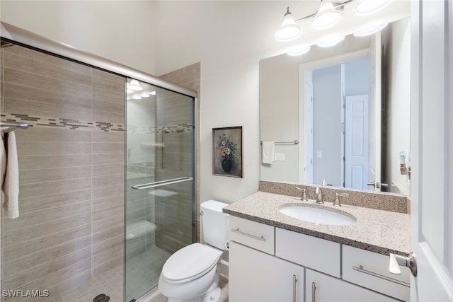 bathroom with toilet, vanity, and a stall shower